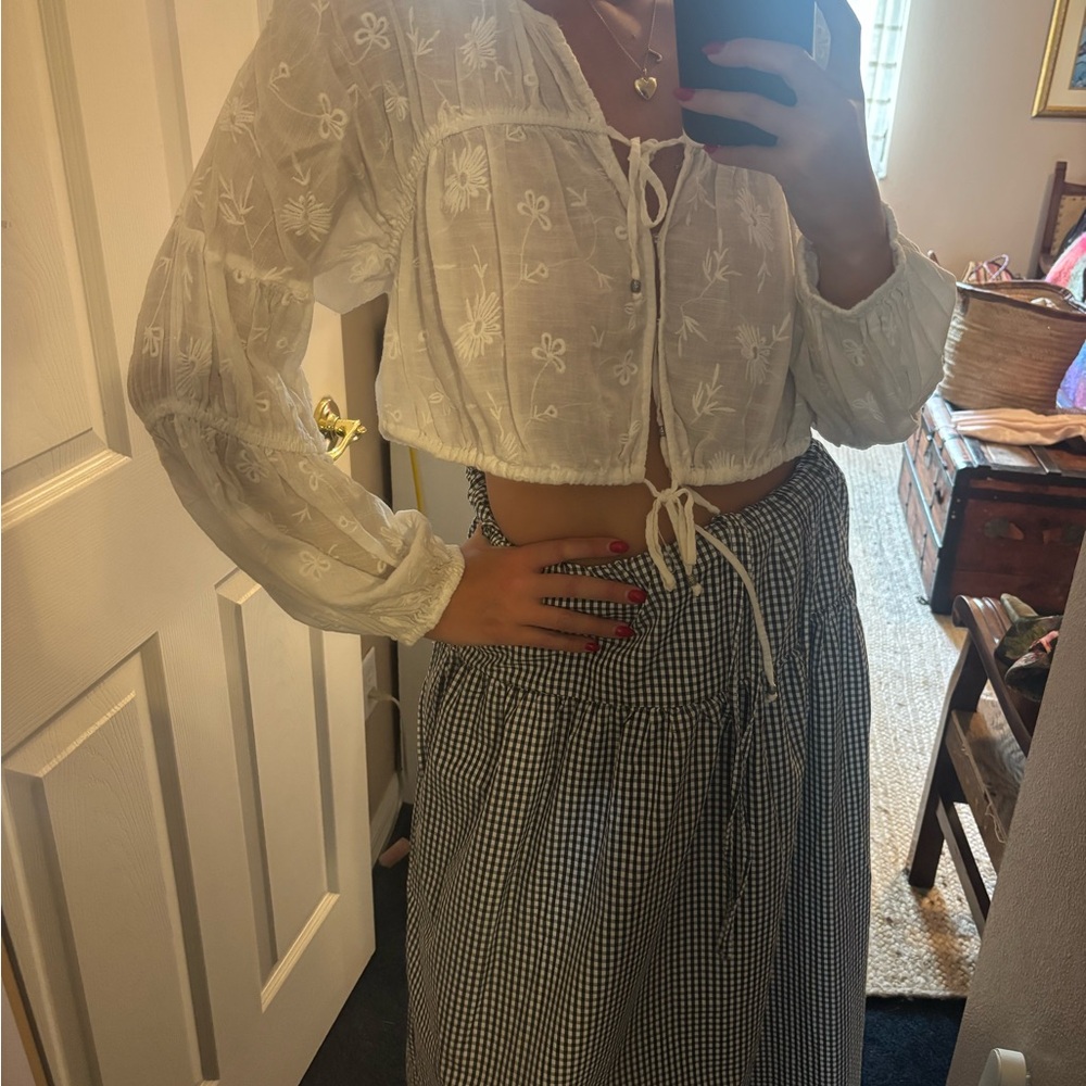 Free People White Embroidered Tie-Front Peasant Blouse